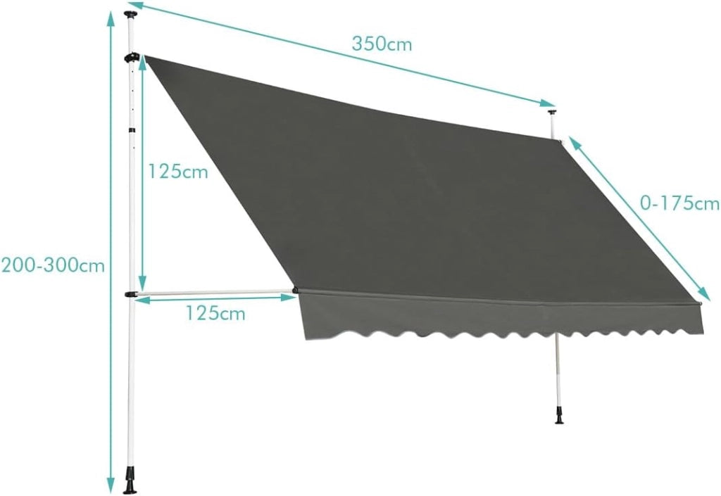 Tenda da Sole per Esterno, Tenda da Sole a Morsetto per Balcone con Struttura Telescopica e Tessuto Resistene ai Raggi Solari, Regolabile in Altezza e in Angolazione (350 cm, Grigio)