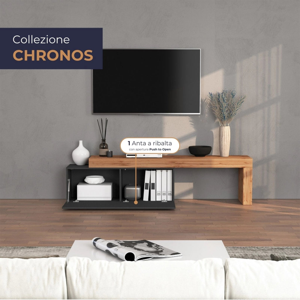 WHOUS Mobile porta tv Chronos estensibile con 1 anta a ribalta antracite/rovere 180/290x40x51 cm