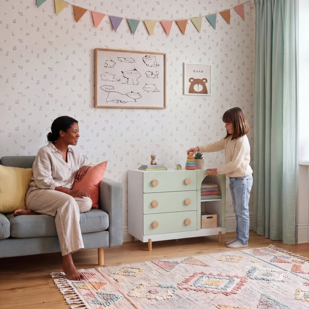 Cassettiera Vaarentaa per Cameretta con 3 Cassetti e 2 Vani Aperti 79x41x66 cm - Bianco/Verde Menta [en.casa]