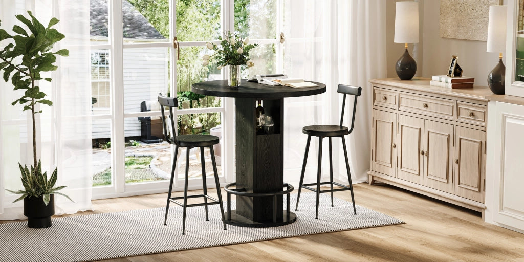 Tavolo da pranzo rotondo con 2 sgabelli e vani contenitore, stile mid-century modern, per cucina e soggiorno, diametro 80 cm