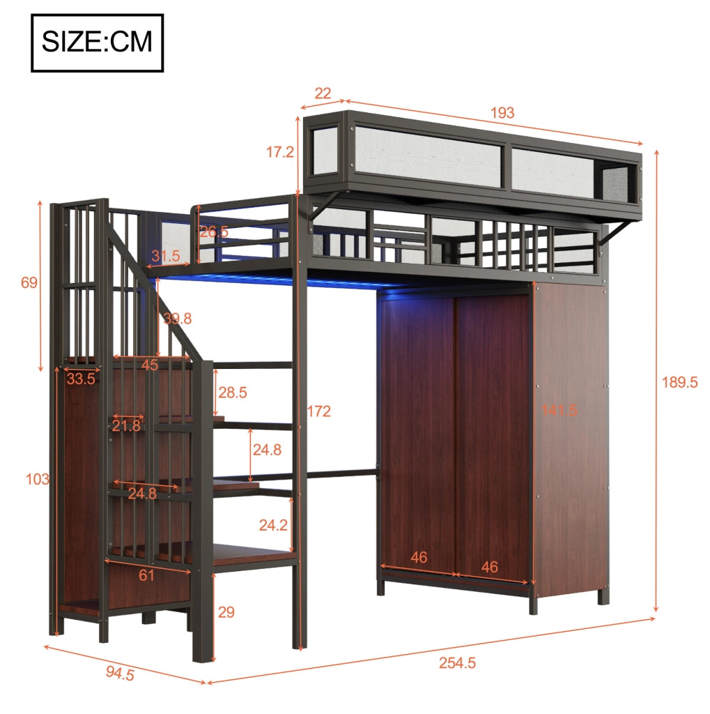 Letto a soppalco in metallo 90x200 cm con armadio; scala e LED; nero