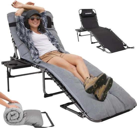 Sedia da giardino con schienale 5 posizioni regolabili - tavolino supplementare - ombrello e cuscino - trasportabile - ripiegabile - chaise longue - per campeggio spiaggia terrazza piscina
