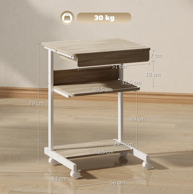 Scrivania compatta su ruote con cassetto e ripiani 56x51x79 cm