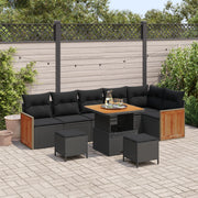 Set di divani da giardino  9 pezzi con cuscini neri in polyrattan e acacia