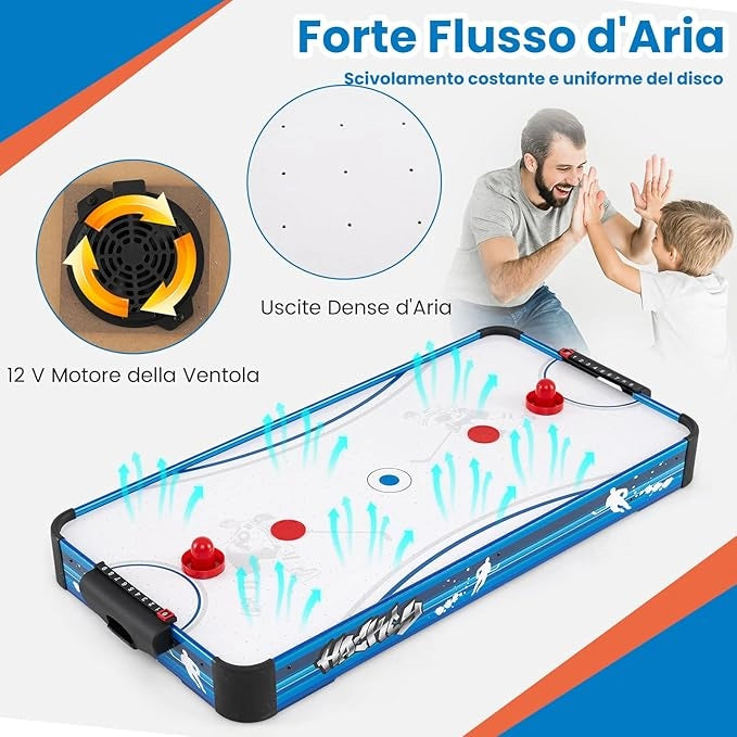 Tavolo da Air Hockey, con 12V Motore Elettrico Potente, 2 Dischi e 2 Spintori, Air Hockey da Tavolo per Sala Giochi Casa Ufficio, 108x50,5x10 cm