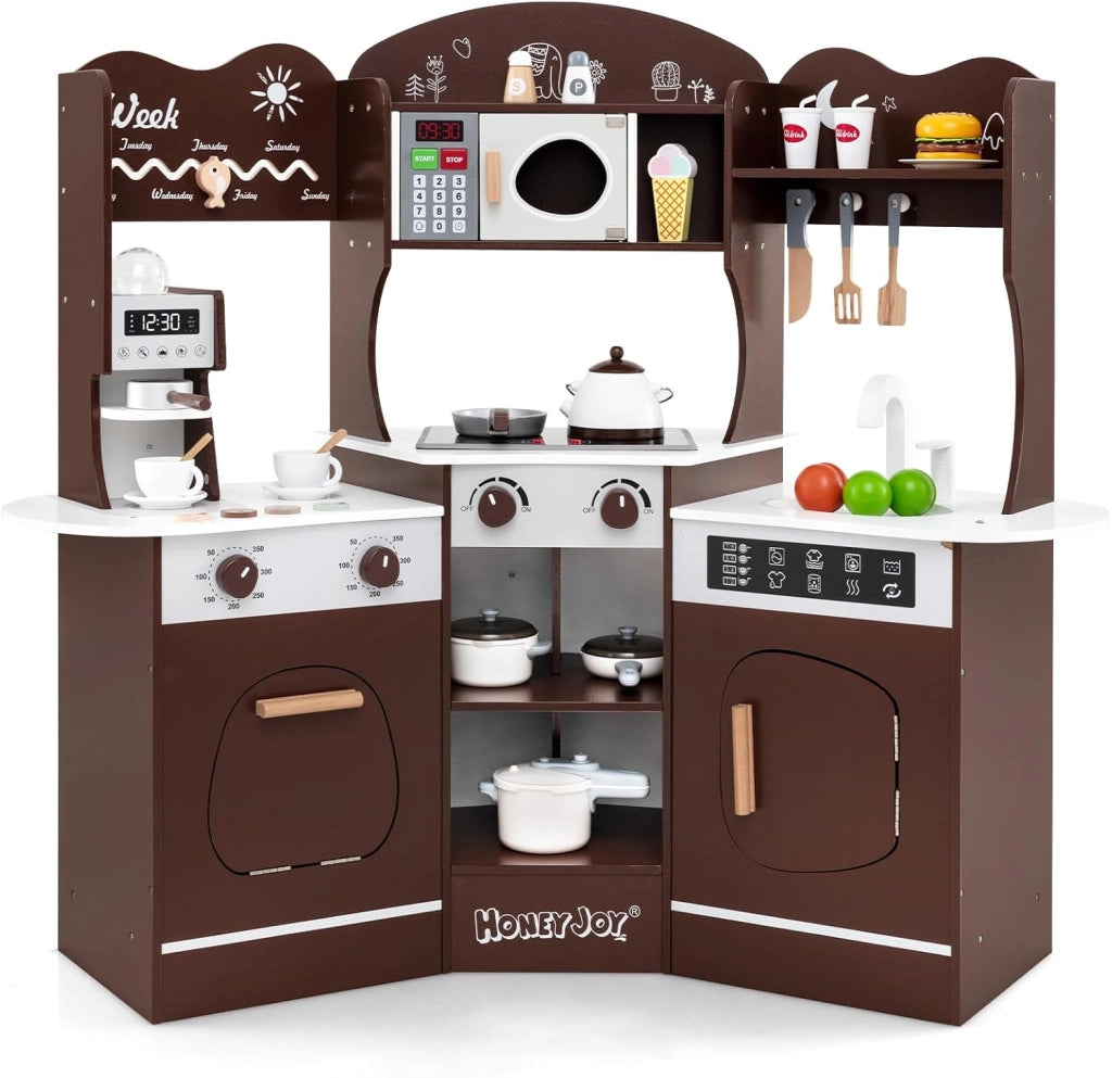 Cucina Giocattolo Angolare con Fornelli e Micronde da Suoni e Luci, Cucina per Bambini in Legno con Macchina Caffè, Lavandelo, Forno e Lavatrice, Set Cucina con Accessori (Rosa)