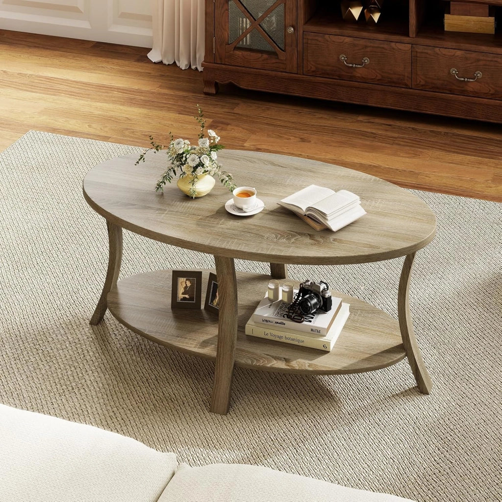 Tavolino da Centro a 2 Livelli, Tavolino Ausiliario Ovale con Gambe Curvate, Venatura del Legno, Piedini Antiscivolo, Ripiano per Soggiorno, Studio, Sala d'Attesa, Grigio/Rovere (Naturale)