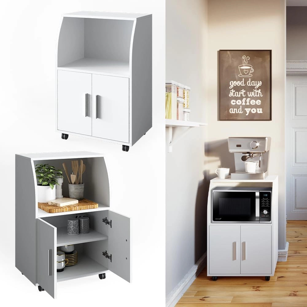 carrello cucina Elio, Bianco, 55 x 83.8 cm, con ruote e ripiano d'appoggio per microonde o dispositivi