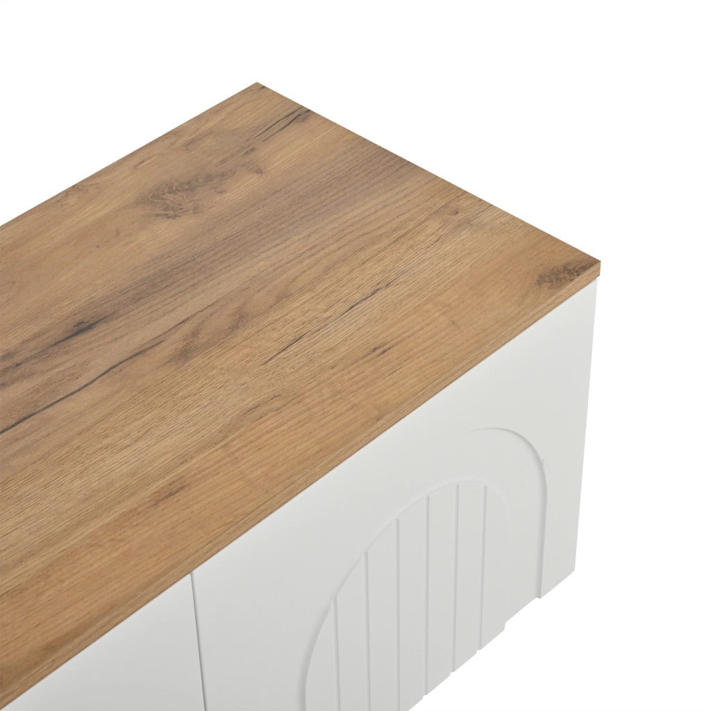 Mobile porta TV con 4 ante e 2 vani, in MDF e gambe in metallo, per soggiorno, bianco e effetto legno, 180 × 40 × 45 cm