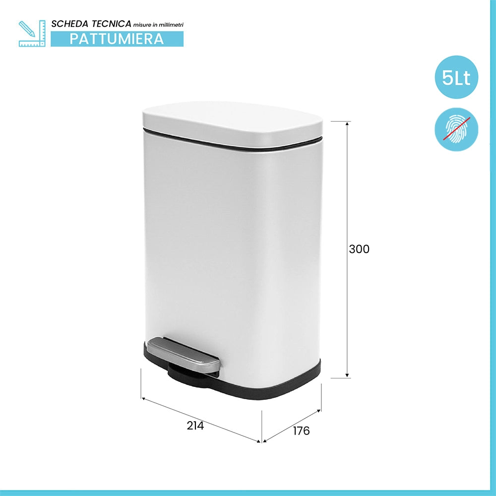 Pattumiera a pedale in acciaio 5lt bianco opaco con chiusura rallentata Axin