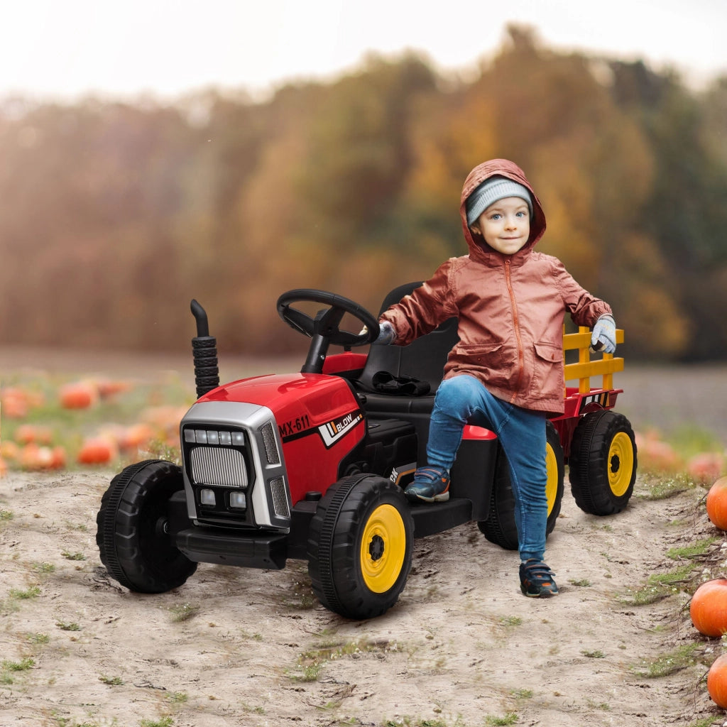 Trattore Elettrico per Bambini 12V con Rimorchio Rosso