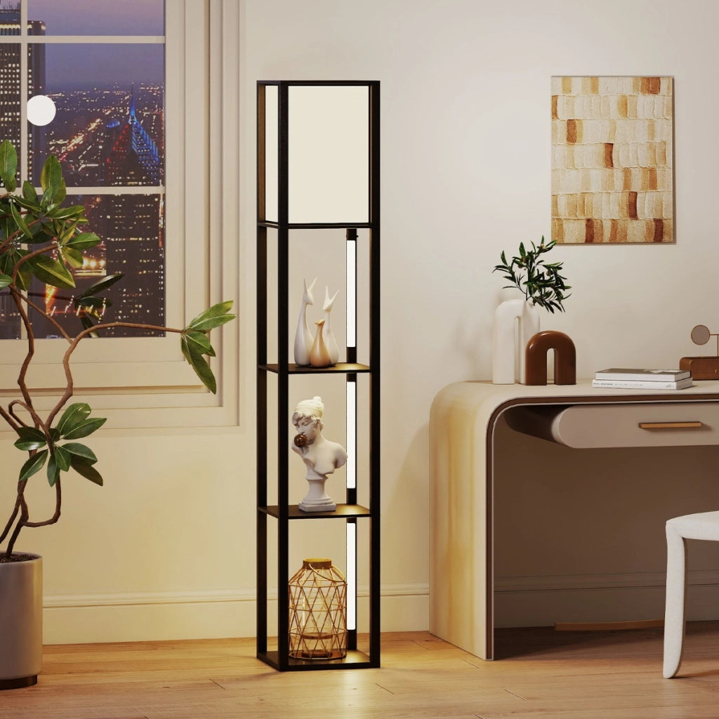 Lampada a mensola in legno con 3 strisce LED e paralume con luce e interruttore a pedale, Lampada da terra moderna con scaffali Nero-Lampade