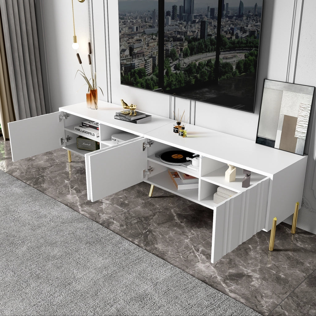Mobile TV con 4 Ante e 8 Vani; Piedini Dorati 15 cm; Ante Scanalate; Stile Moderno; 190??38??48 cm; in MDF; Bianco