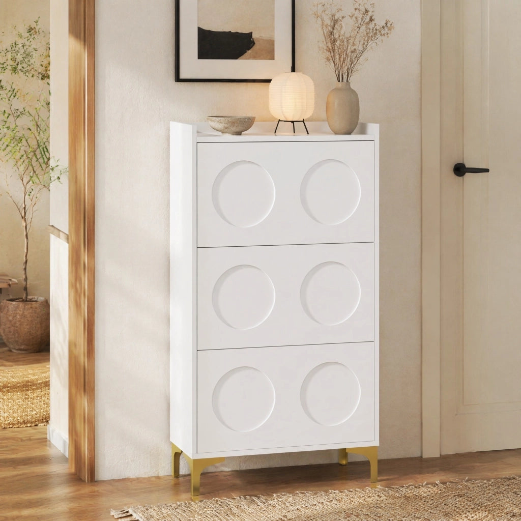 Scarpiera moderna a 3 ante con vani chiusi; 63x24x120 cm in MDF bianco con gambe dorate