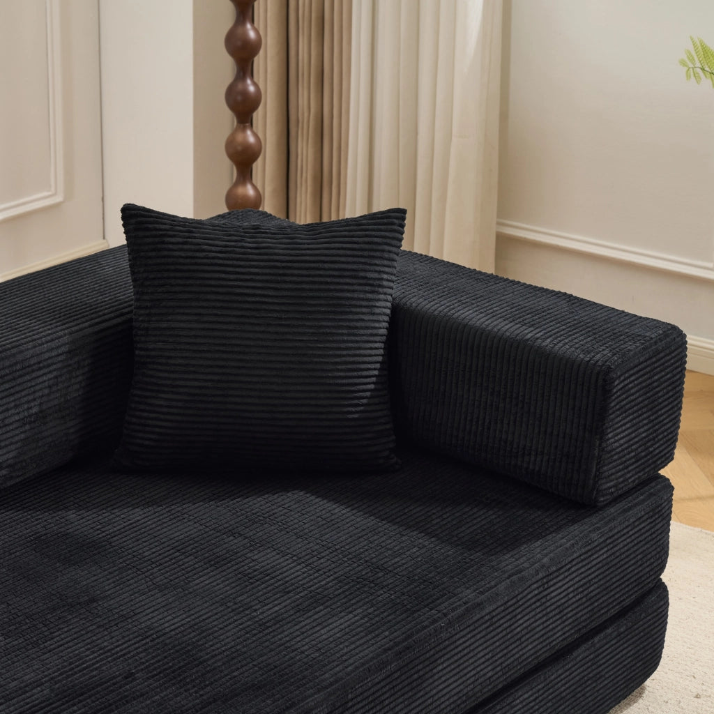 Divano letto pieghevole da pavimento con braccioli e schienale - in corduroy nero