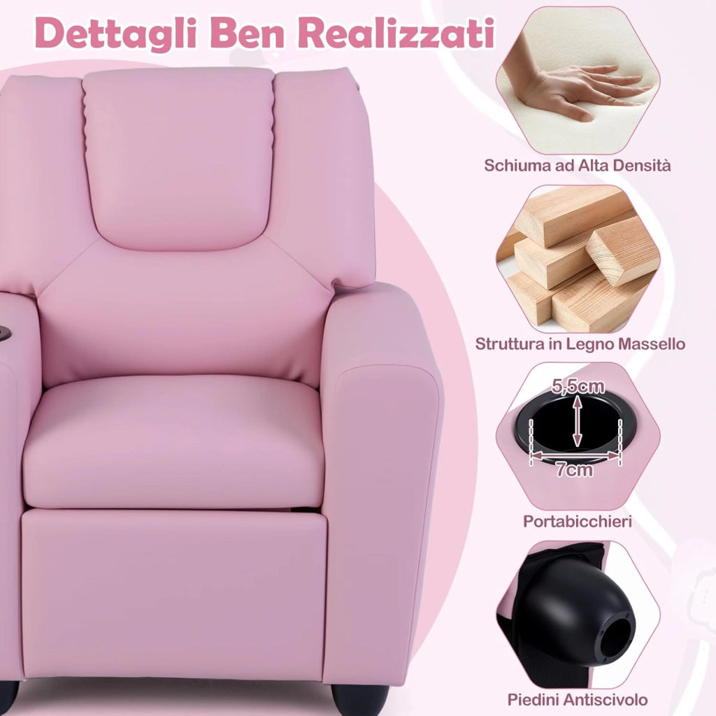 Poltrona Reclinabile per Bambini, Sedia Reclinabile con Porta Bicchiere e Poggiapiedi Regolabile, Poltroncina per Soggiorno e Sala Giochi, Poltrona Divano per Ragazzi 3+ Anni (Rosa)