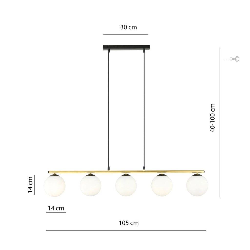 Lampada a sospensione Allora in acciaio nero e oro con sfere in vetro