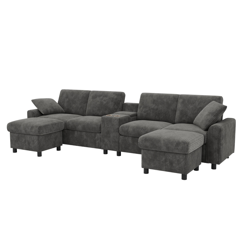 Divano a U 315x135 cm in corduroy grigio con 2 pouf contenitore e porte USB