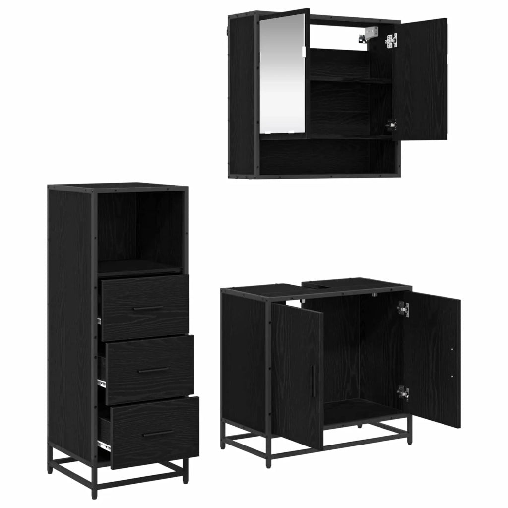 Set di mobili per il bagno 3 pcs Rovere Nero Legno multistrato