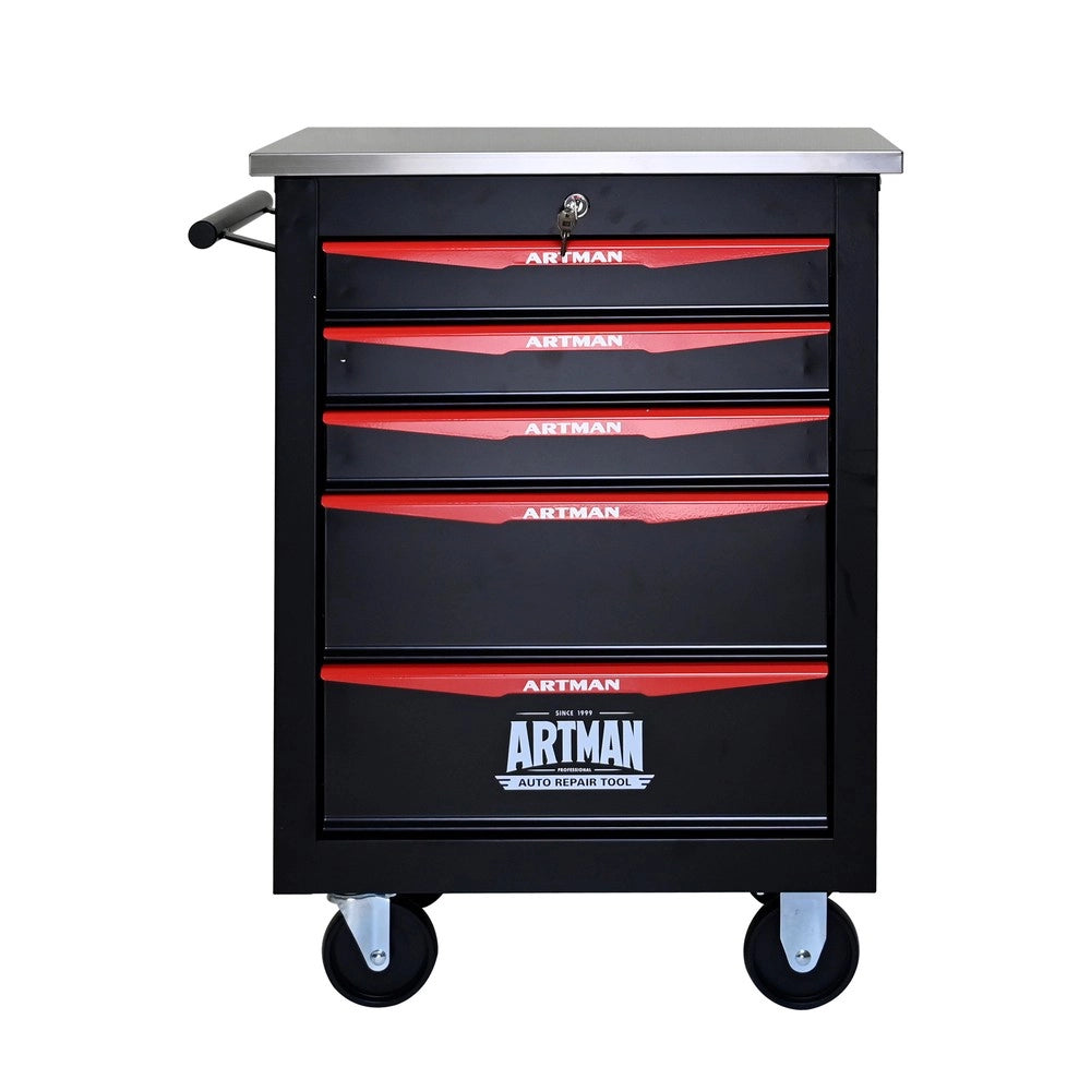 Carrello Portautensili 5 Cassetti con Ruote ¨C MINIMAL ¨C Metallo, Piano in Acciaio, Nero e Rosso