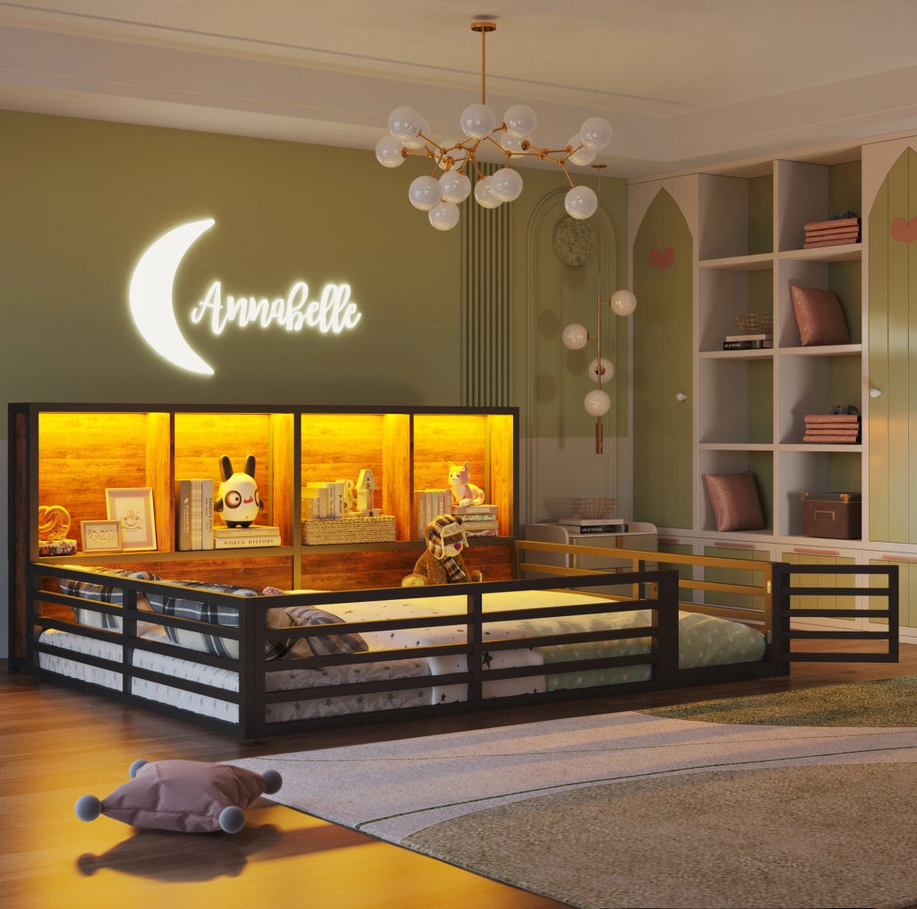 LETTO a sponde 140x200 cm Nero in Metallo e MDF con LED