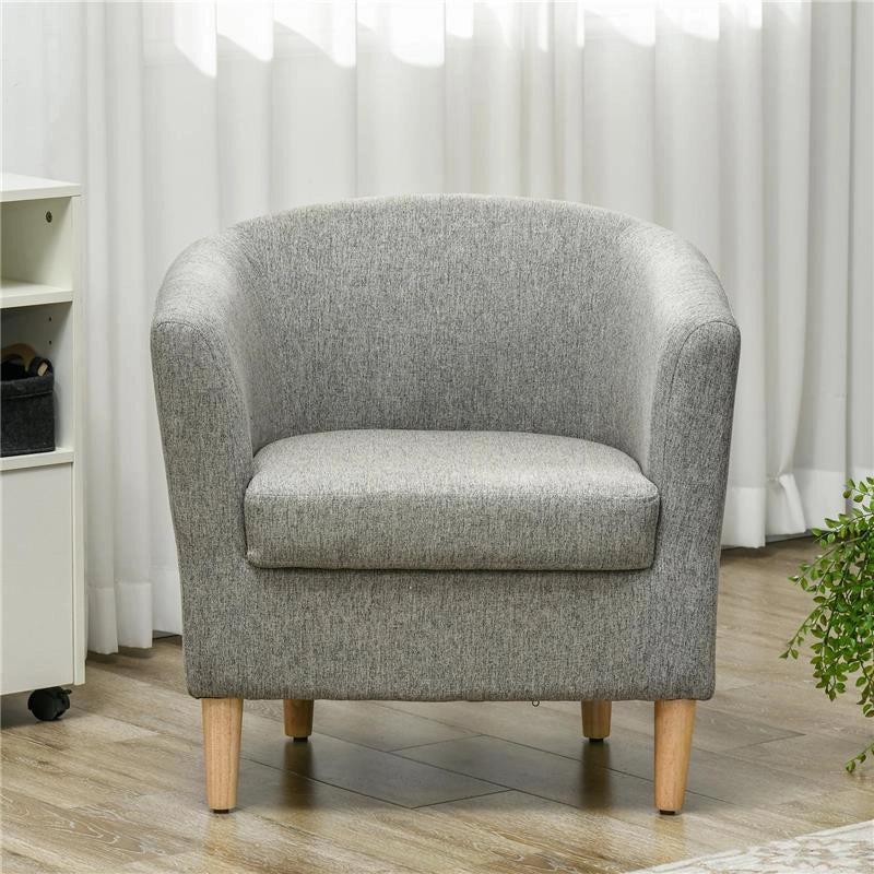 POLTRONA MODERNA A POZZETTO IN TESSUTO EFFETTO LINO CON GAMBE IN LEGNO, 74X63X73CM, GRIGIO