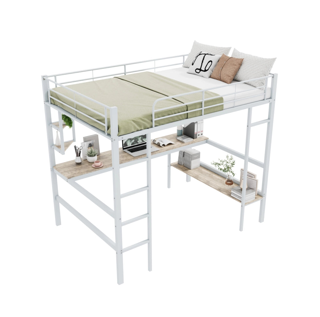 Letto a soppalco 140x200 cm con scrivania; scaffali e libreria in metallo e MDF; bianco