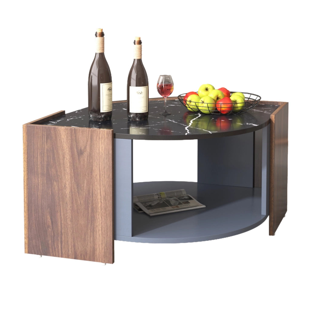OKWISH Tavolino da Salotto Rettangolare con Vano Contenitore, Effetto Marmo Nero e Noce, Nero, 96.5×63×40 cm