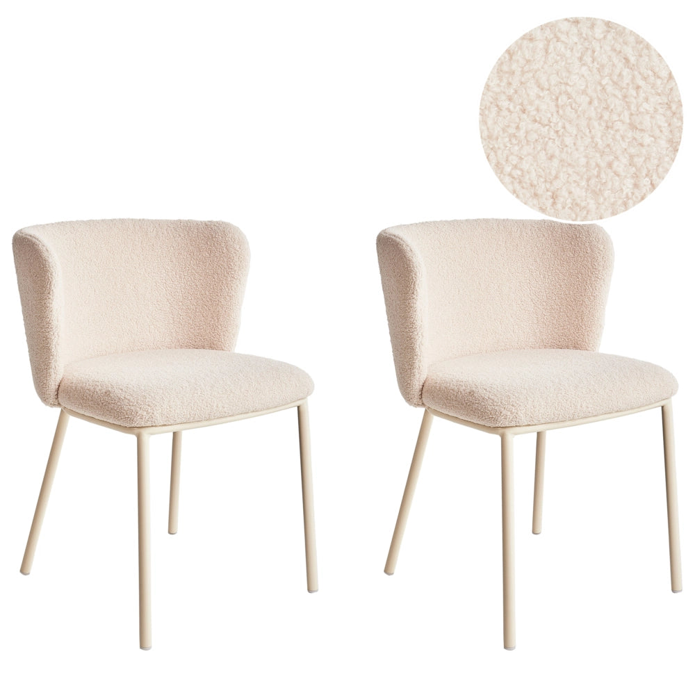 Set di 2 sedie da pranzo in tessuto boucle beige chiaro con schienale curvo senza braccioli