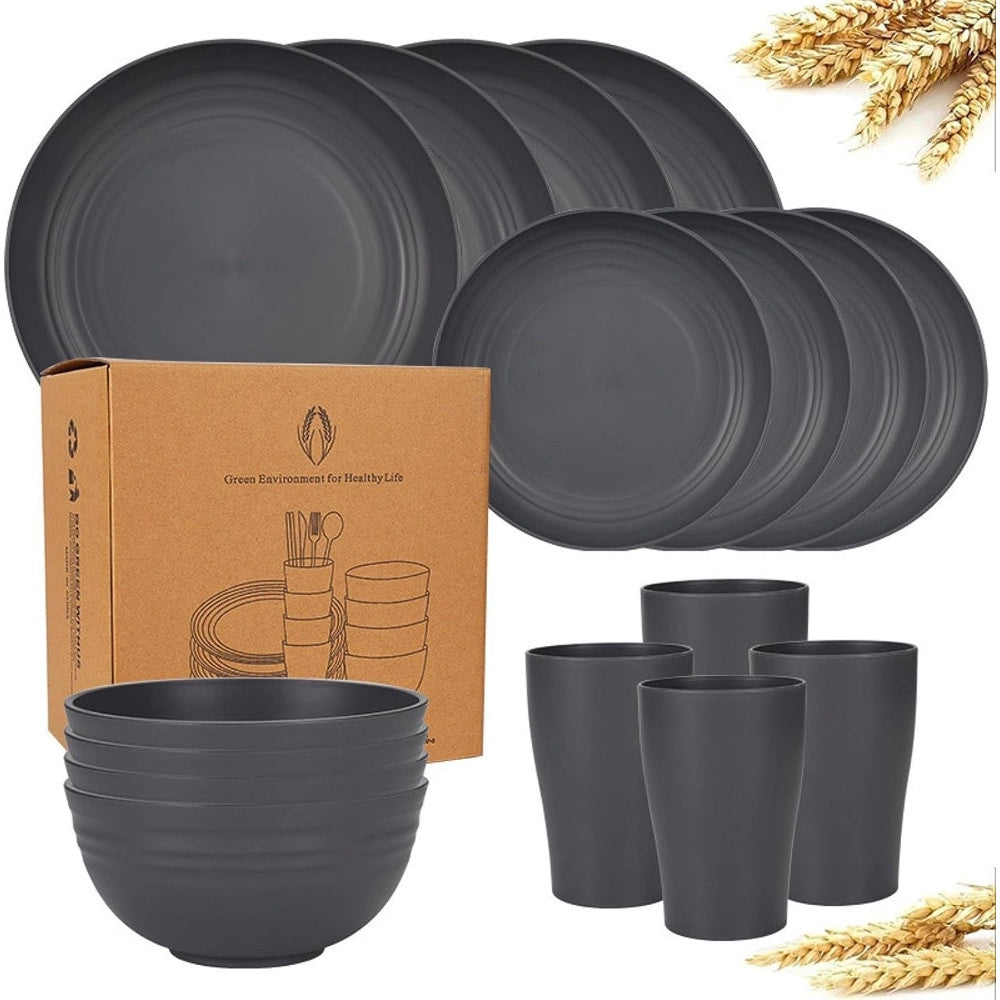 Trade Shop - Set Da 16pz Stoviglie In Paglia Di Grano Ciotole Piatti Infrangibili Posate Riutilizzabili -