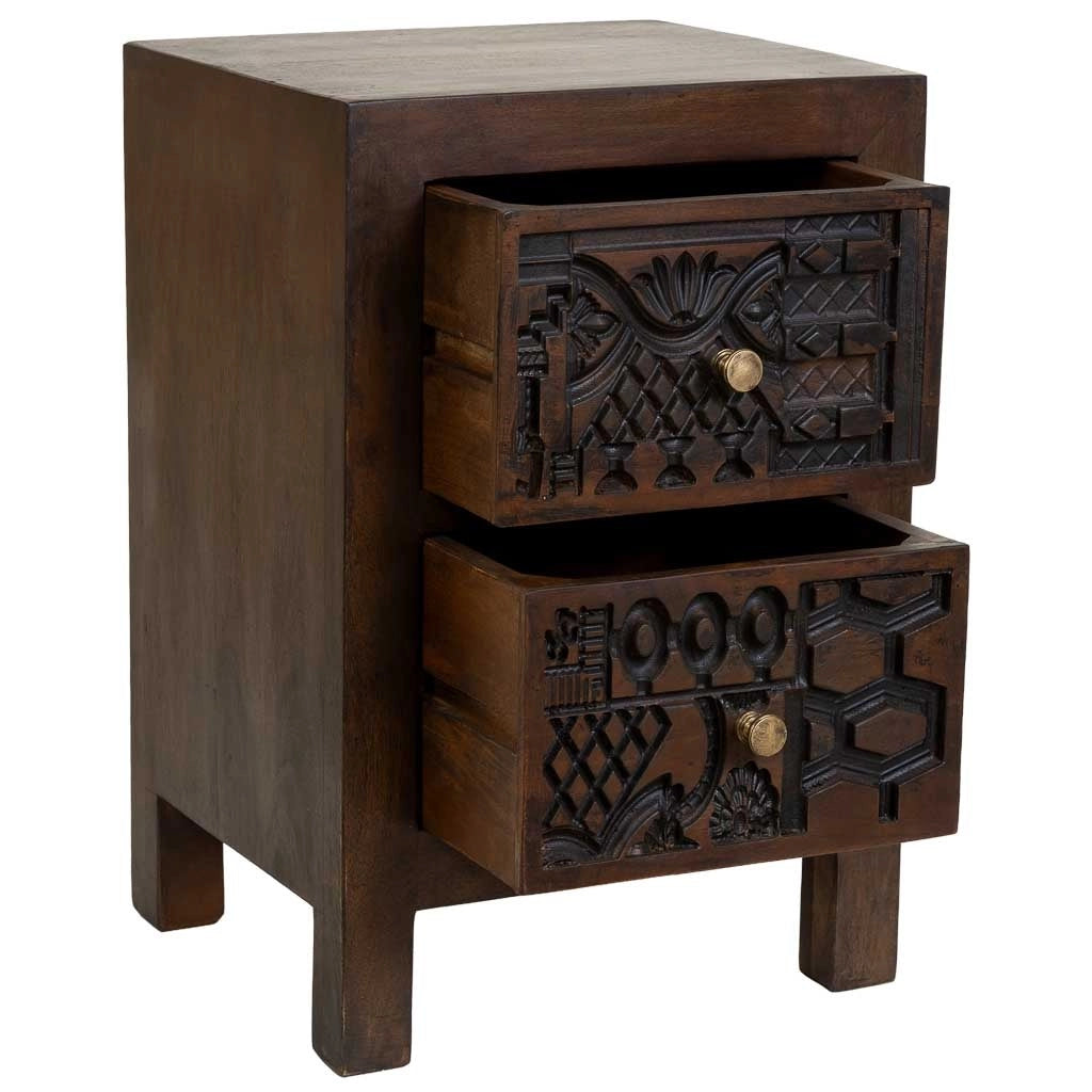 Comodino in legno marrone intagliato a mano 40x35x60h cm