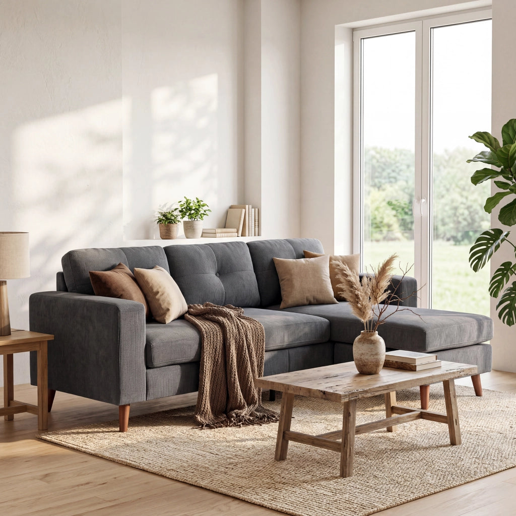 Divano angolare 3 posti con chaise longue reversibile ¨C zephmum ¨C Tessuto corda, grigio scuro, 192 cm
