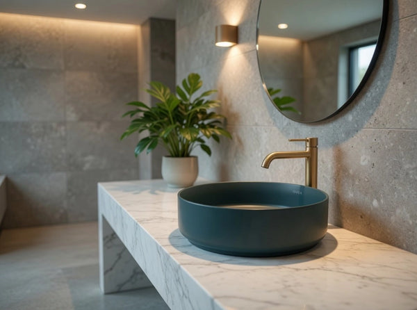 Lavabo tondo da appoggio senza troppo pieno in ceramica senza foro rubinetto - Verde Petrolio Opaco