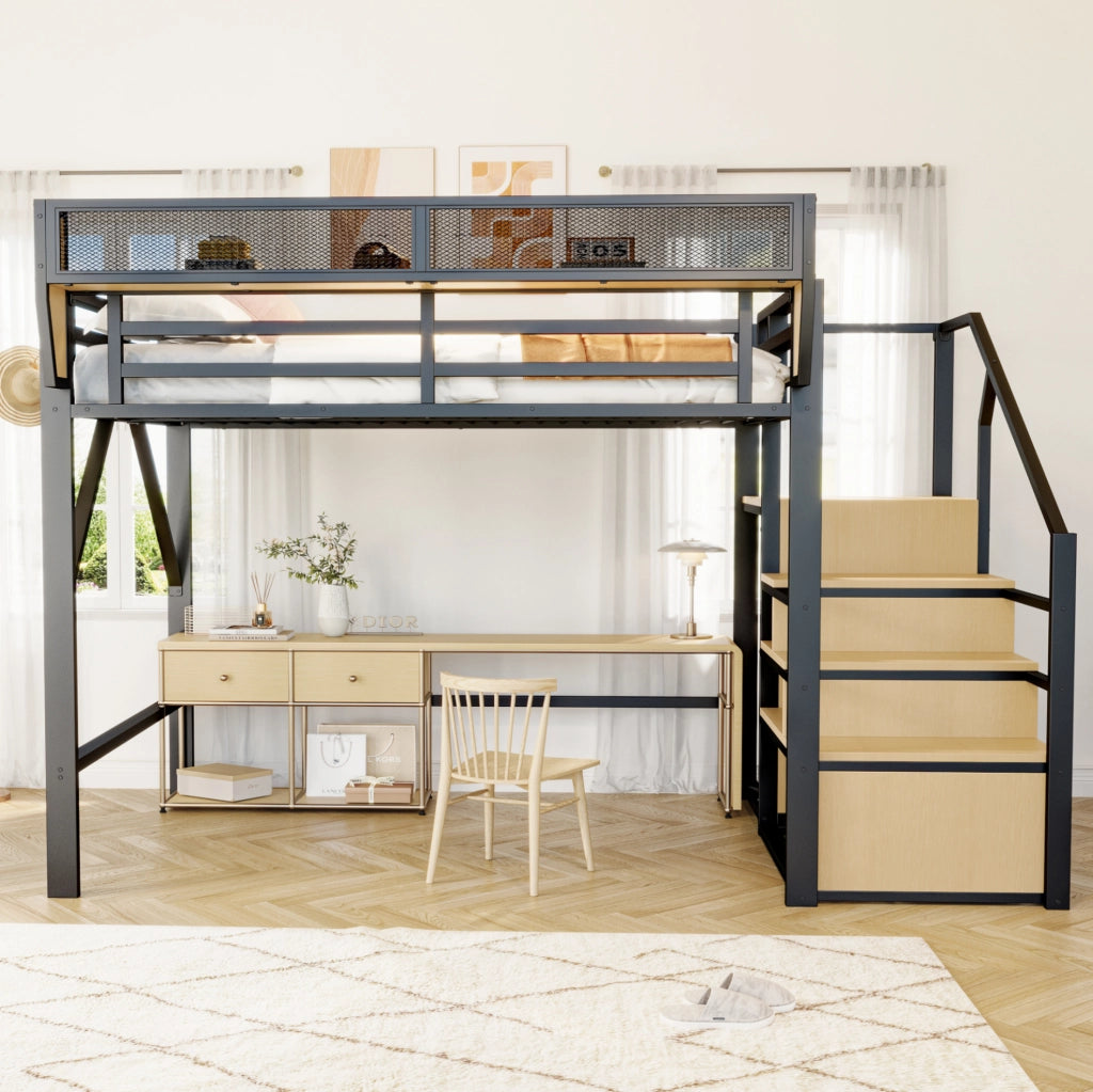 Letto a soppalco 140x200 cm; scala di sicurezza e ripiano flessibile; metallo nero (Senza materasso)