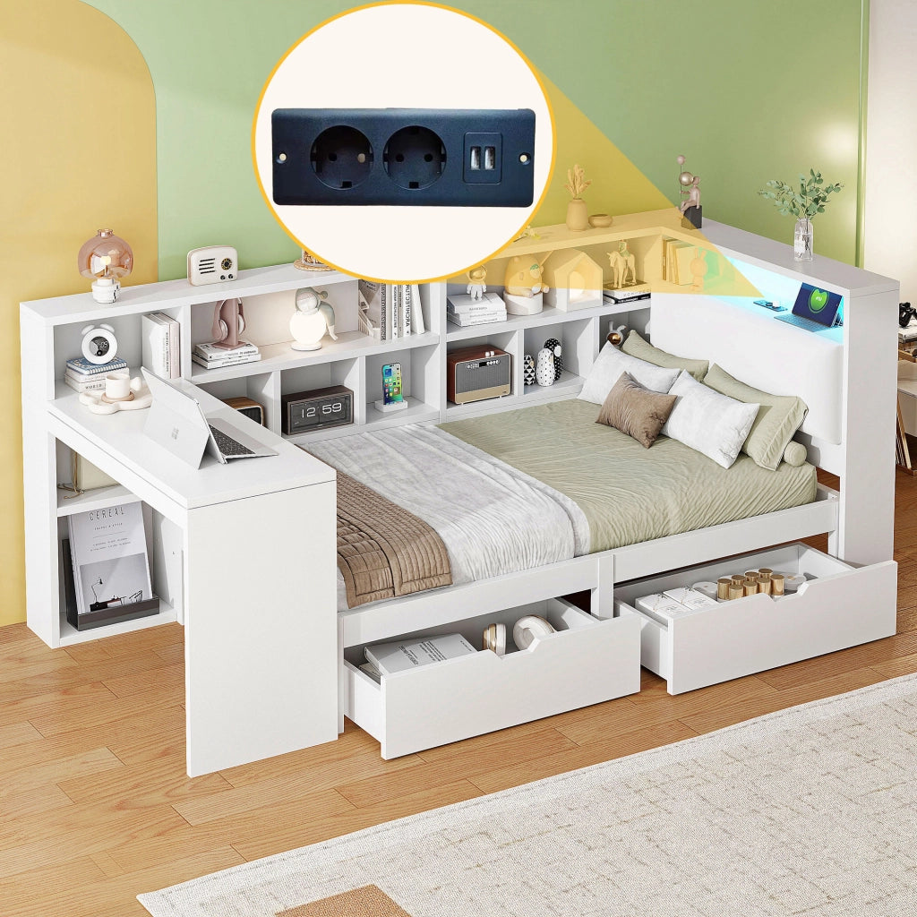 Letto a soppalco 90 × 200 cm con scrivania, libreria, cassetti, LED e USB, senza materasso, bianco