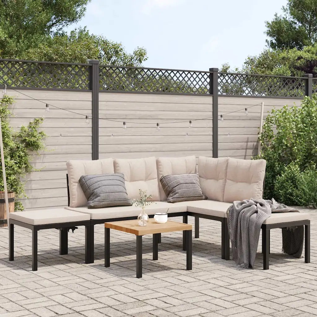 Divani Giardino con Cuscini 5pz Neri Acciaio Verniciato Polvere