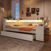 Daybed imbottito con USB, LED, scrivania e 2 cassetti, 140x200 cm, bianco