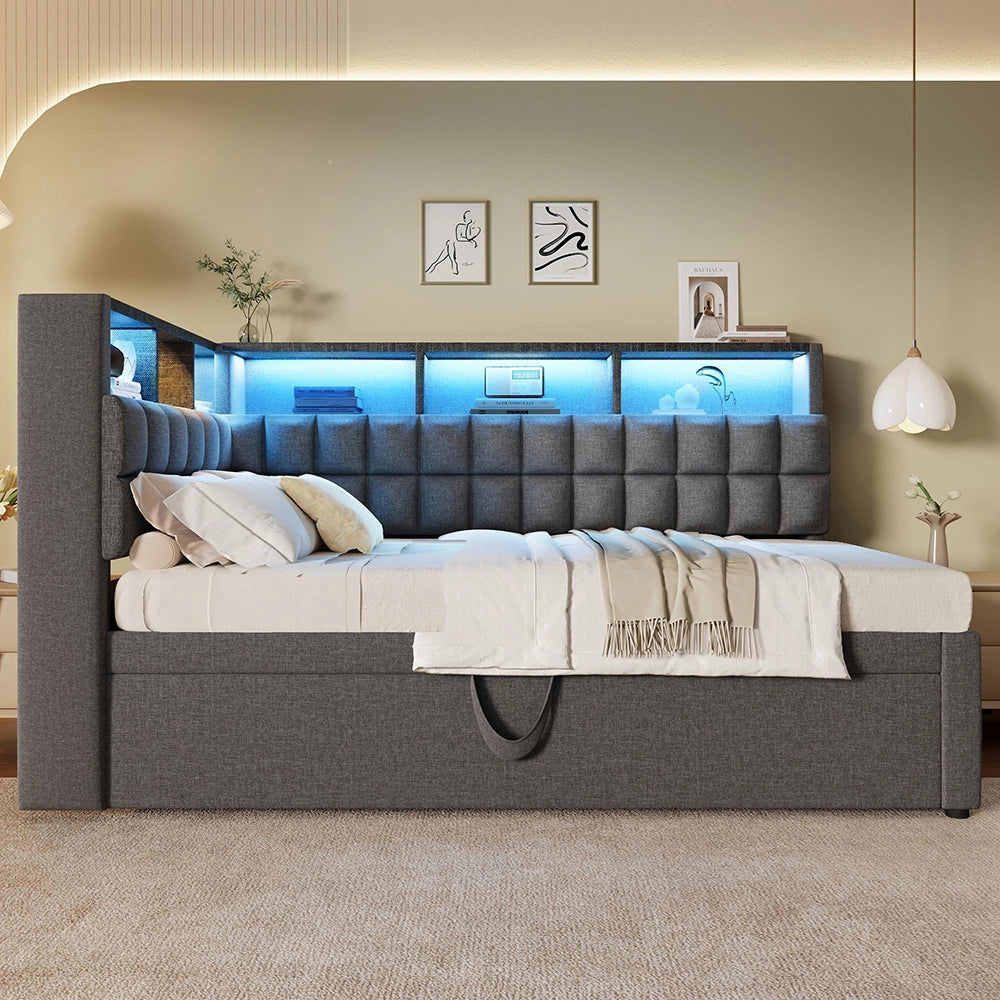 Letto imbottito-Xylo-90x200cm+90x190 LED Bluetooth USB-C testiera L lino grigio senza materasso