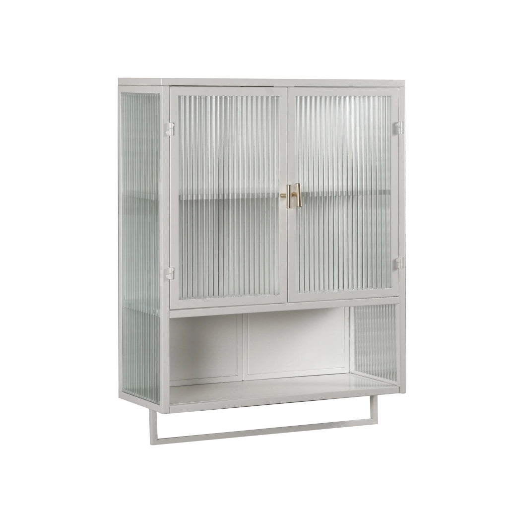 Armadietto pensile con 2 Ante; 1 Ripiano aperto e Portasalviette per Bagno in Metallo e Vetro; 60×23×78 cm; Bianco