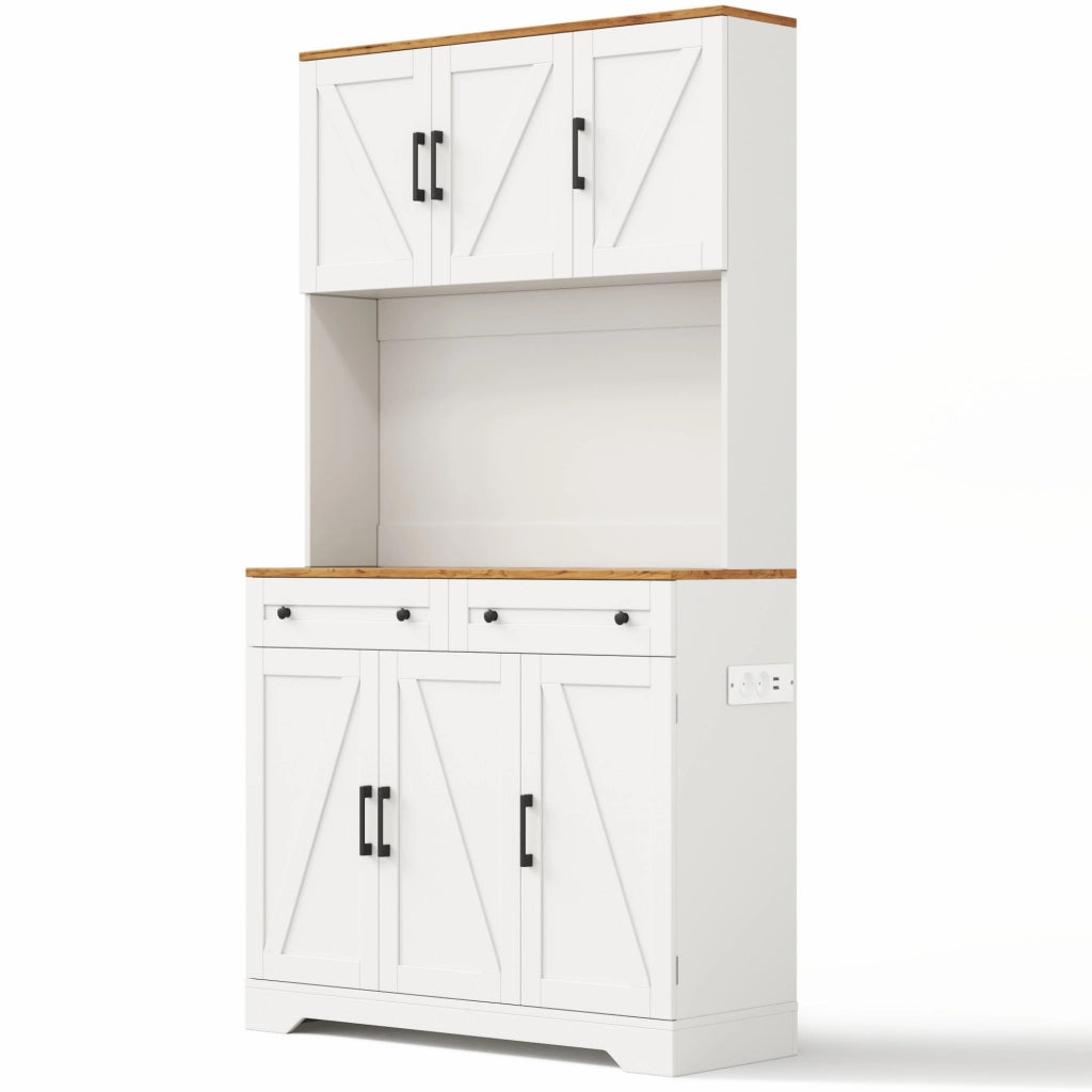 Credenza alta da cucina con LED RGB, prese integrate e 2 cassetti, colore Natural+White, 100 x 40 x 180 cm