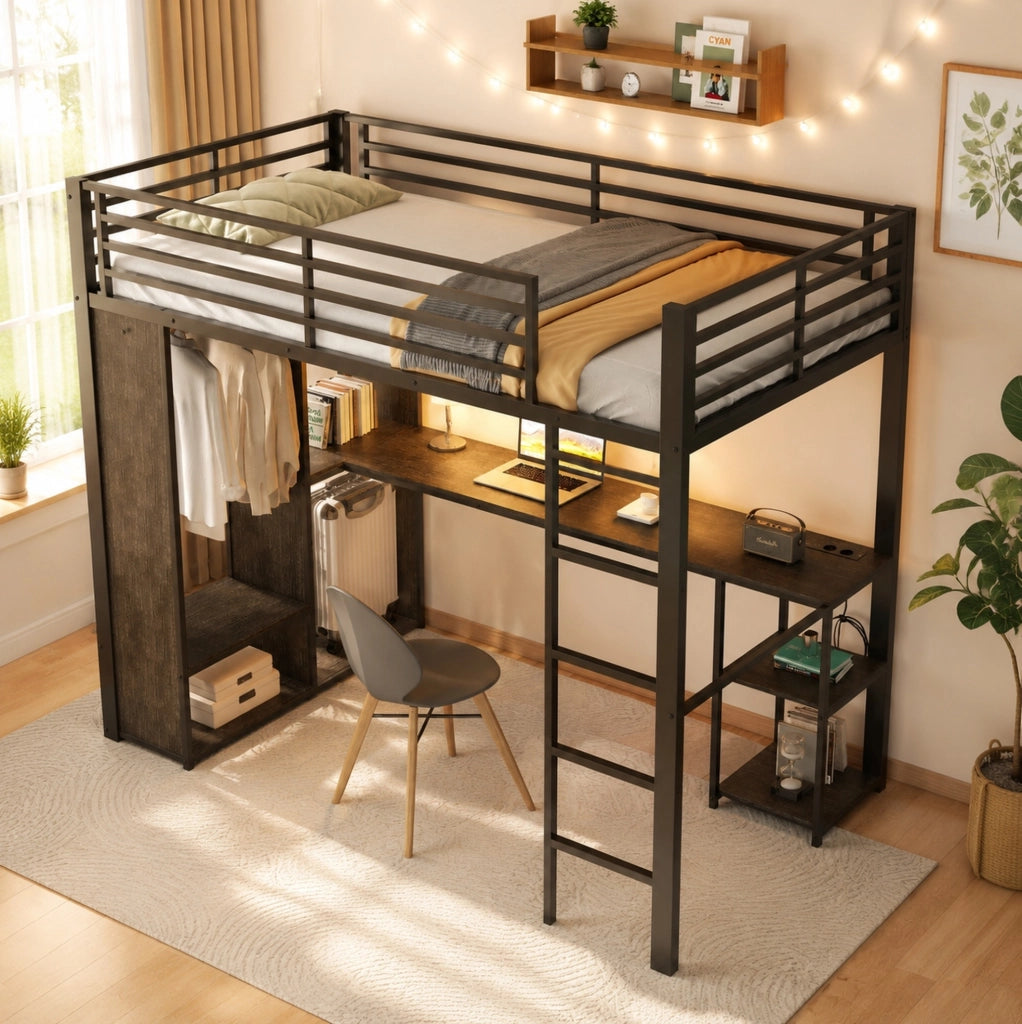 Letto a soppalco 90 x 200 cm in metallo e MDF con LED; scrivania e armadio aperto; nero