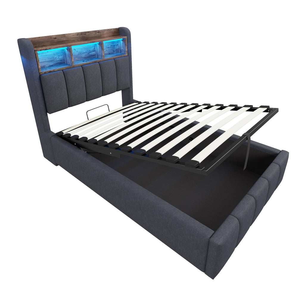 Letto imbottito singolo 90x200 cm con contenitore idraulico, LED RGB, USB e testiera con ripiani, grigio