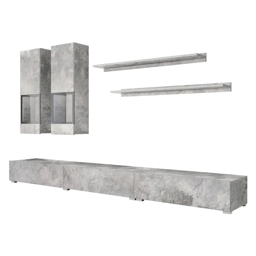Set parete soggiorno RAMOS – Effetto cemento grigio – Mobile TV XL + vetrine + mensole – Senza LED