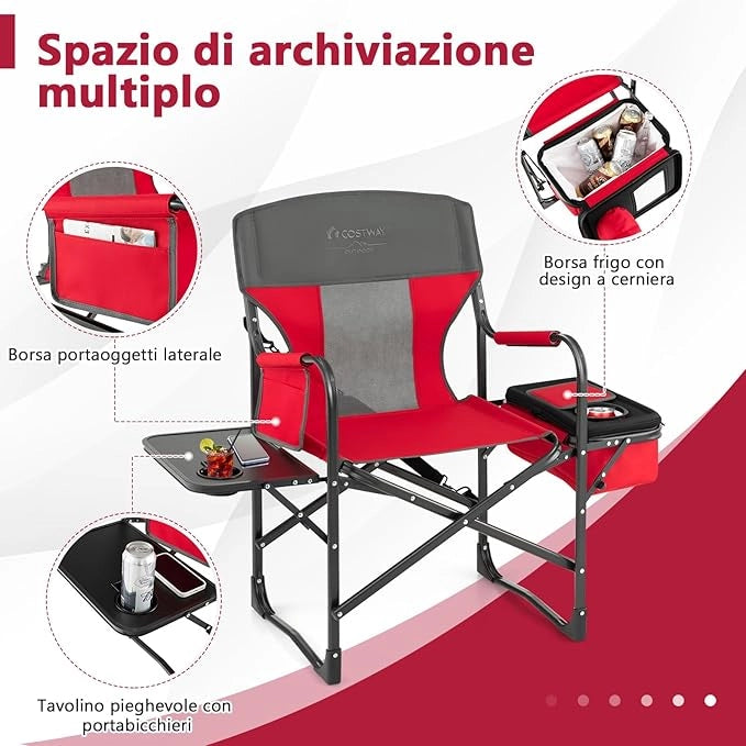 Sedia da Campeggio Pieghevole, Sedia da Regista Robusta con Tavolino, Borsa Frigo, Borsa Portaoggetti e Cinghia, Portata 180 kg, per Campeggio Escursione Pesca Picnic (Rosso)
