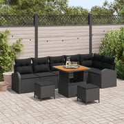 Set Divano da Giardino 9 Pezzi con Cuscini Nero Polyrattan Acacia