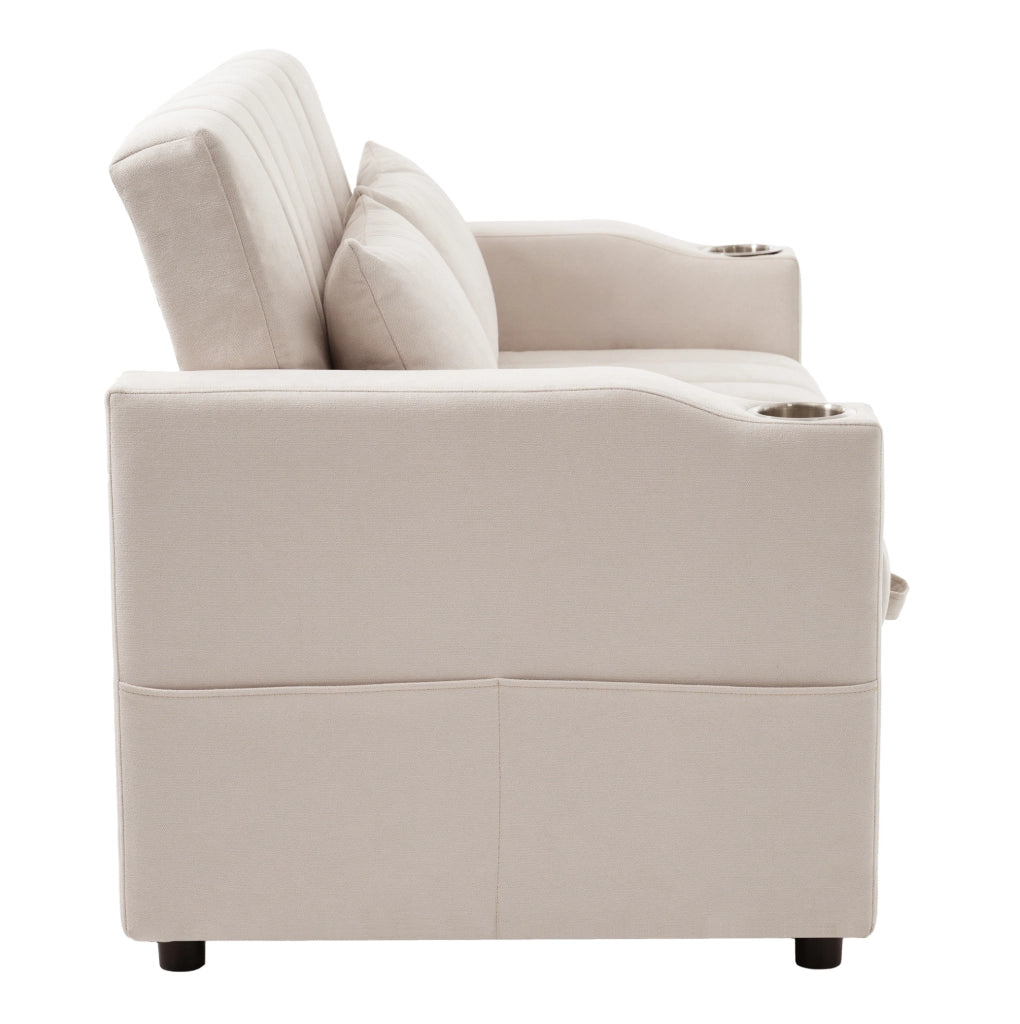 Divano letto 2 posti beige con schienale reclinabile e portabicchieri