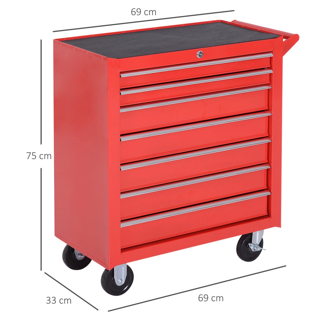 Carrello portautensili in acciaio rosso con 7 cassetti e ruote