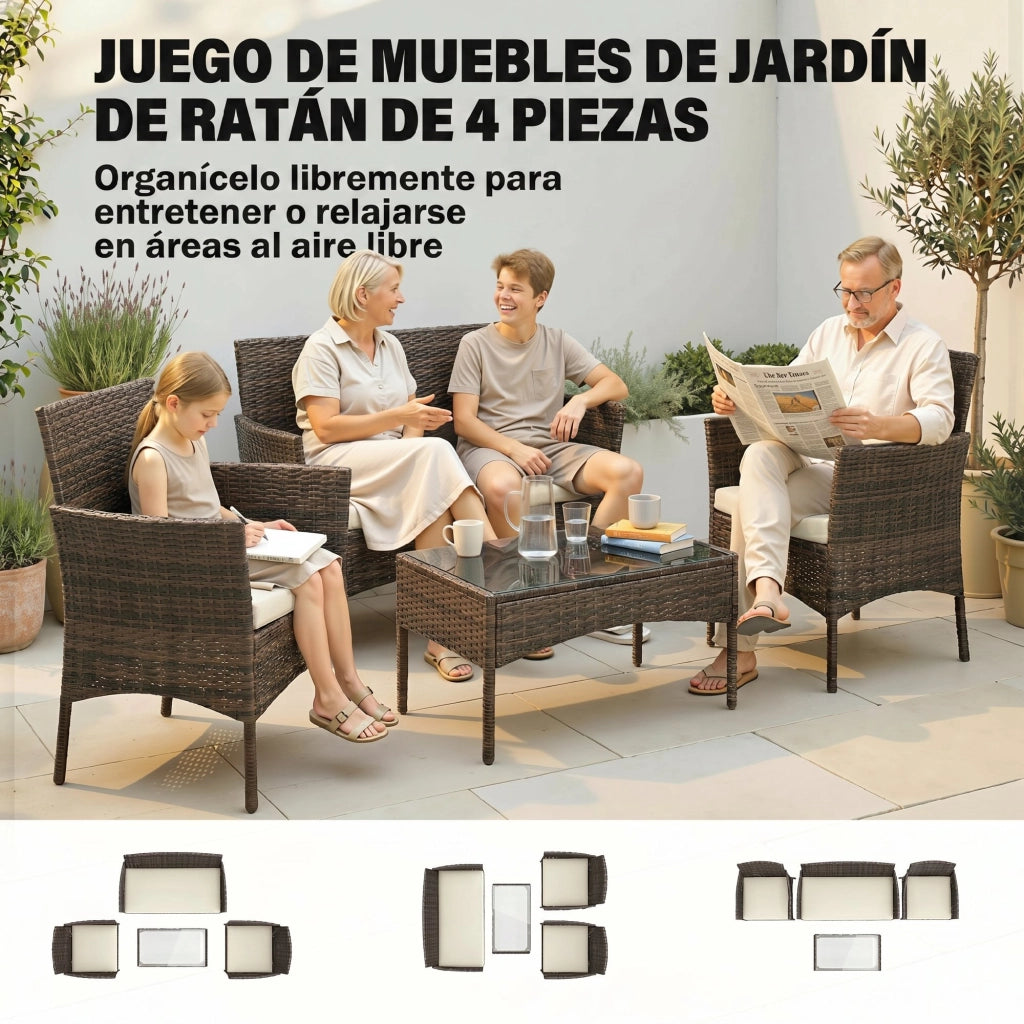 Set giardino in polyrattan con divano, poltrone e tavolino vetro ¨C zephmum ¨C marrone