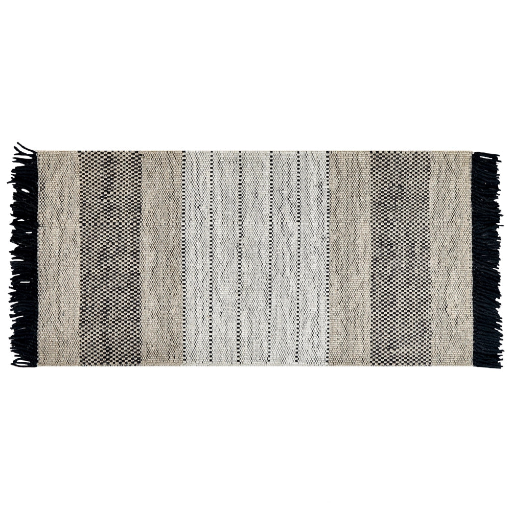 Tappeto beige e nero lana cotone 80 x 150 cm rettangolare intrecciato a mano con frange