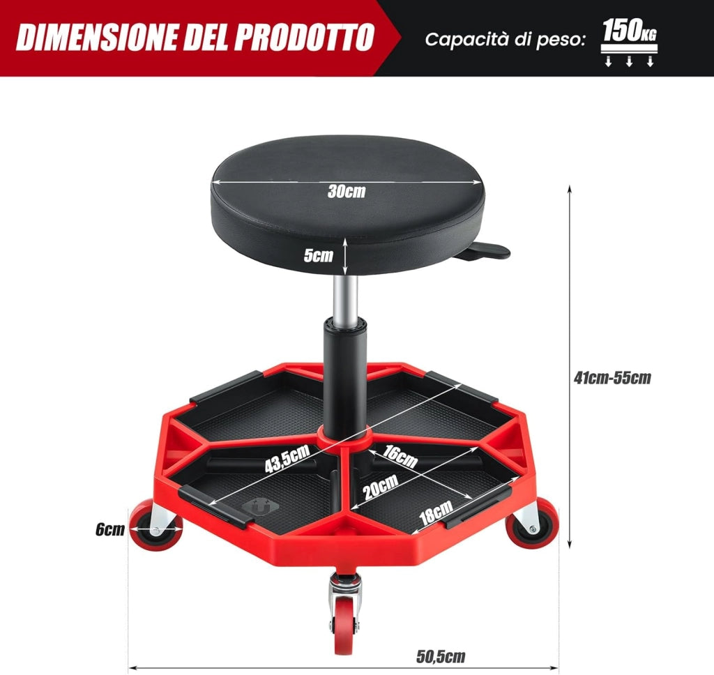 COSTWAY Sgabello da Officina con Ruote, con Ripiano per Attrezzi e Viti, Portata di 150 kg, Altezza Regolabile e Girevole, Sedia Meccanico per Garage, Officina (Rosso)